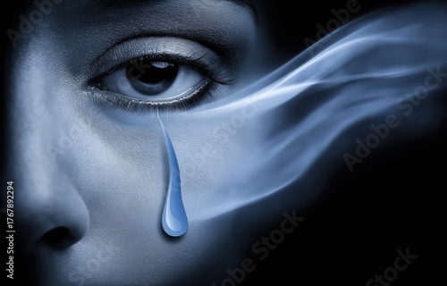 Woman's face with tear and smoke effect on dark background