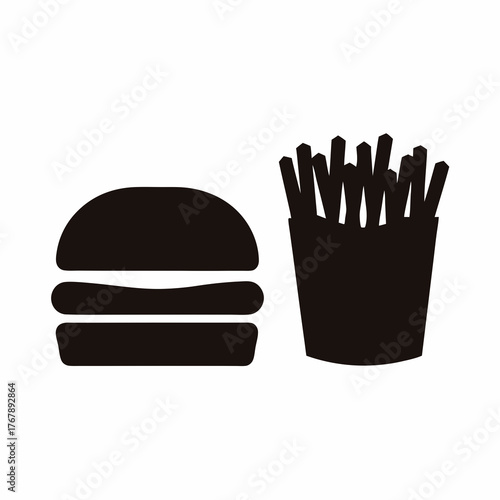 Monochrome representation of a classic burger and french fries combo meal