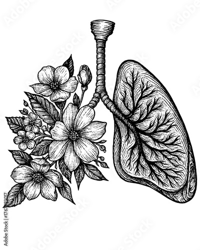 Vintage engraving of human lungs with flowers. Detailed black and white etching illustration in anatomical botanical style.