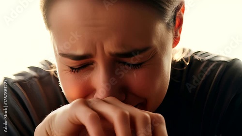 Emotional close-up of a woman crying, expressing deep sadness and vulnerability