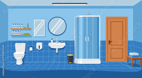 A well-lit modern bathroom interior featuring a toilet, sink, mirror, and glass-enclosed shower, with blue tiled walls and floor