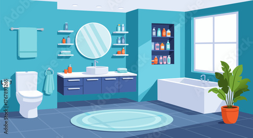 Modern illustrated bathroom interior with toilet, sink, bathtub, mirror, and potted plant. Clean blue scheme for contemporary home design projects