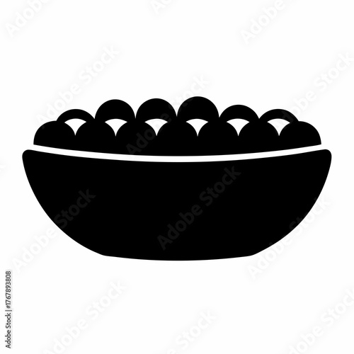 Bowl of spherical objects in bold silhouette, representing small balls or marbles