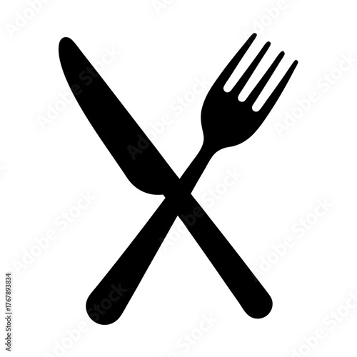 Simple black and white illustration of a fork and knife crossed