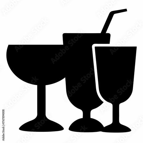 Stylized cocktail glass collection featuring a margarita, long drink and wine glass