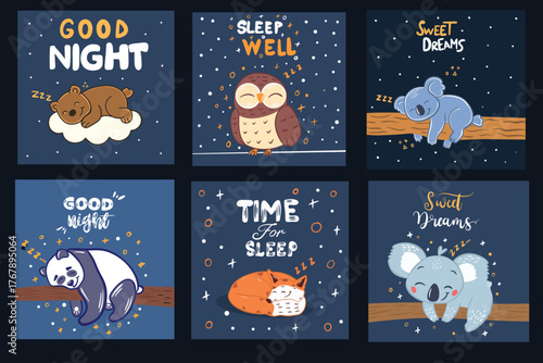 Cute sleeping animals under a starry night sky.Adorable nursery wall art collection for babies and kids.Perfect for bedtime themes,baby room decor,posters,books and childrens illustrations.