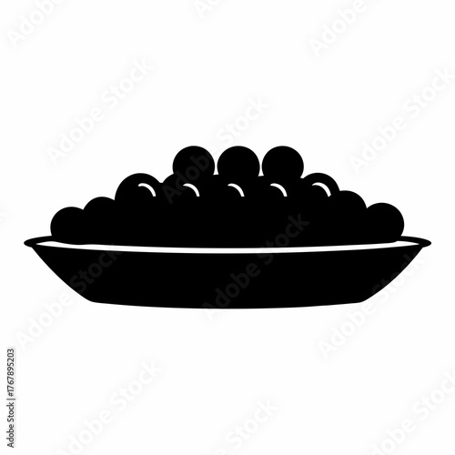 Stylized black and white illustration of caviar on a shallow dish
