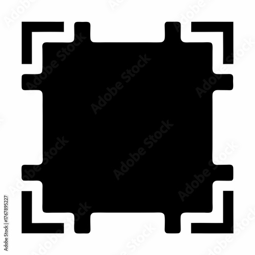 Geometric square with corner extensions, abstract illustration of interlocking design elements