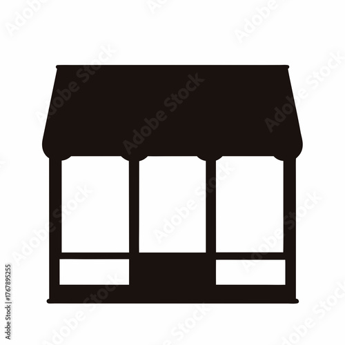 Simplified black silhouette of a storefront with three window panes and awning
