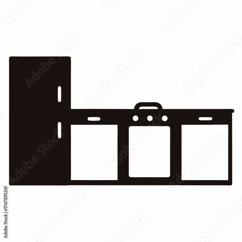 Iconic kitchen representation featuring a refrigerator, stove and cabinets in silhouette