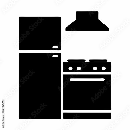 Iconic kitchen appliance set showcasing a refrigerator, stove, and ventilation hood
