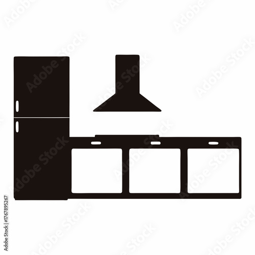 Stylized minimalistic kitchen design with refrigerator, hood, and cabinets in black