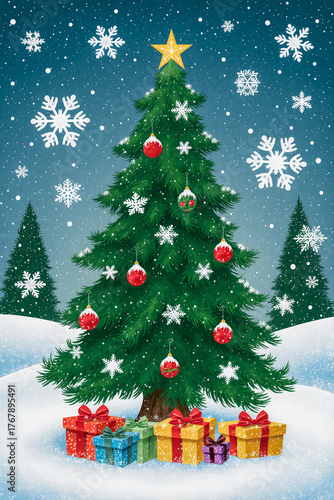 Christmas tree in a snowy forest, decorated with red and silver balls, snowflakes and garlands, new year tradition, merry xmas
