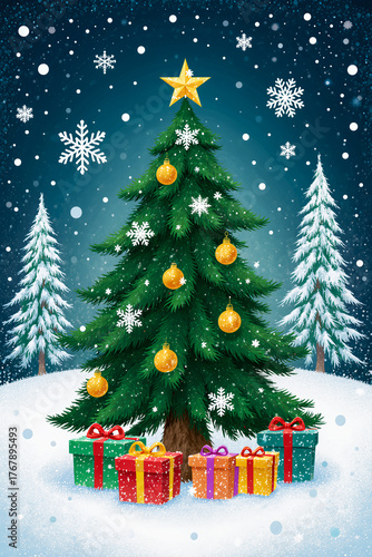 Christmas tree in a snowy forest, decorated with red and silver balls, snowflakes and garlands, new year tradition, merry xmas