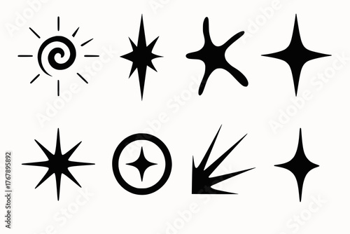 Black silhouette icons of celestial and abstract shapes in minimalist graphic set