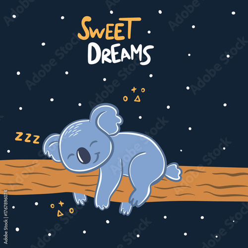 Photography Cute sleeping koala on a branch with Sweet dreams text under a starry sky
