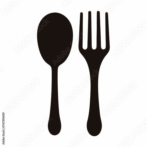 Black silhouette of a spoon and fork, representing food and dining