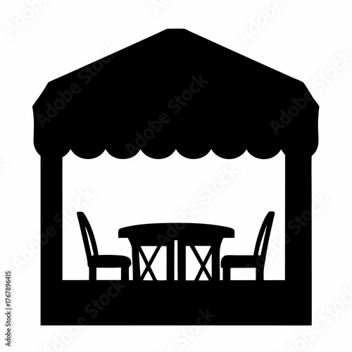 Black silhouette of a gazebo with a table and two chairs