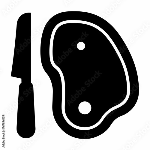 Stylized black and white drawing of a raw steak with cutting knife