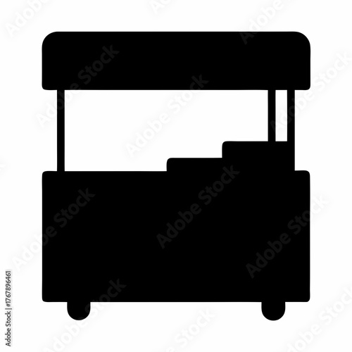 Simple black silhouette of a food cart on wheels with awning