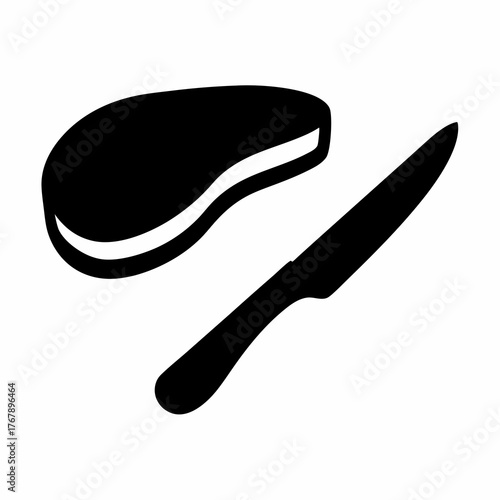 A stylized black and white illustration of a steak next to a knife