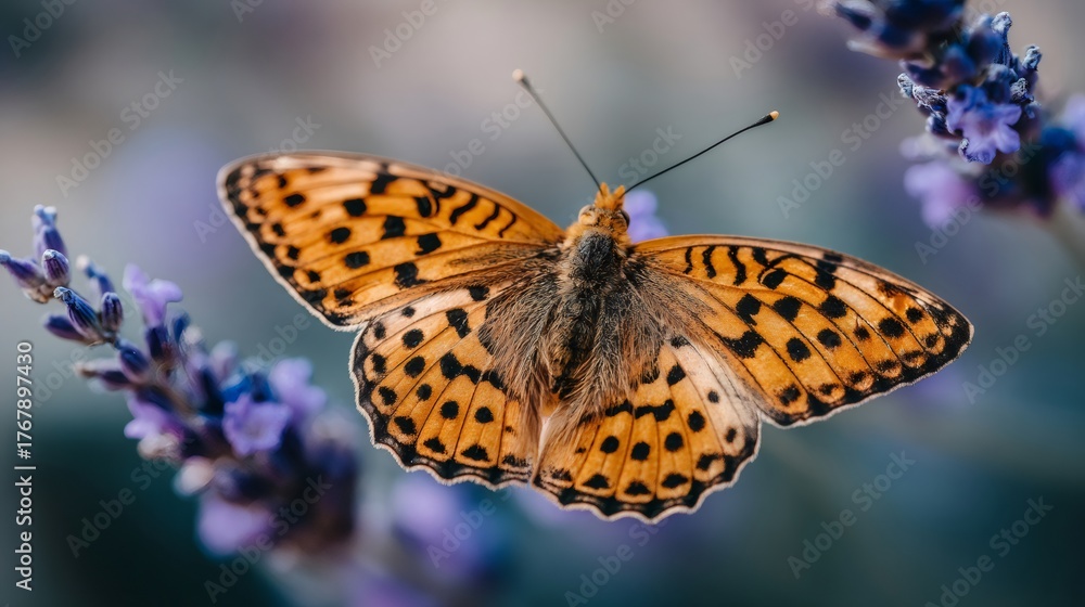 Obraz premium Fritillary butterfly with spotted orange wings resting on purple lavender performing pollination in summer