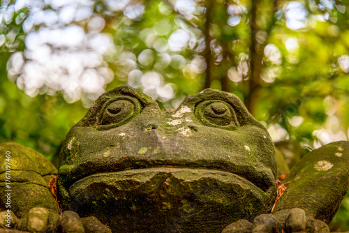 Close-up of a moss-covered stone frog sculpture in a forest with soft bokeh background