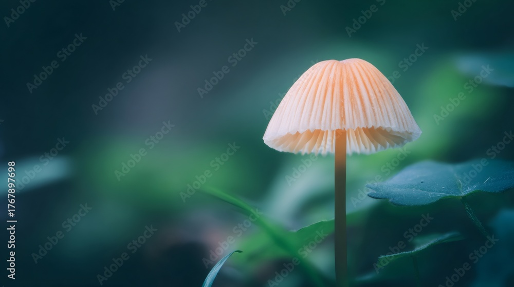 Fototapeta premium Glowing bioluminescent mushroom shining in dark enchanted forest creating a mystical fantasy nature scene