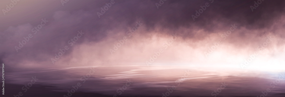 Naklejka premium Dark night scene over water, fog over dark ocean water, dark surface, neon light, reflections on the water. Fantasy night water scene.