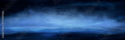 Dark night scene over water, fog over dark ocean water, dark surface, neon light, reflections on the water. Fantasy night water scene.