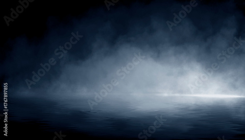Dark night scene over water, fog over dark ocean water, dark surface, neon light, reflections on the water. Fantasy night water scene.