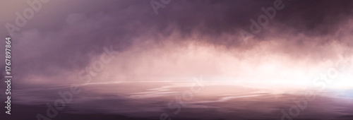 Dark night scene over water, fog over dark ocean water, dark surface, neon light, reflections on the water. Fantasy night water scene.