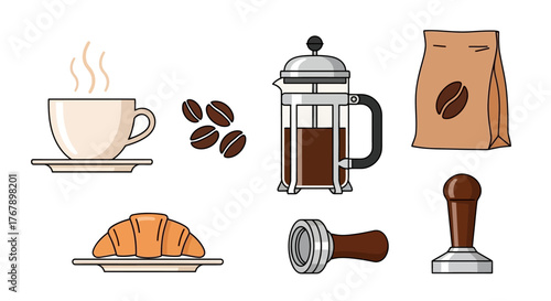 Set of coffee brewing and serving items with croissant.