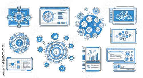 Set of blue digital business and technology icons.