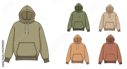 Set of Casual Hooded Sweatshirts in Various Colors.
