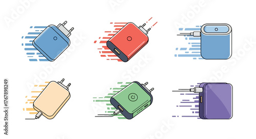 Set of colorful fast charging power adapters icons.