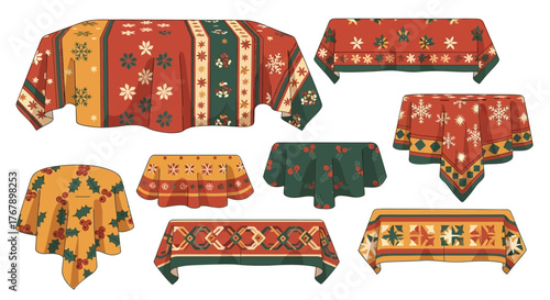 Set of Colorful Decorative Tablecloths with Patterns.