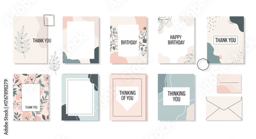 Set of Decorative Thank You Cards with Floral and Minimalist Designs.