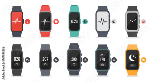 Set of Digital Fitness Tracker Smartwatches with Health Monitoring Screens.