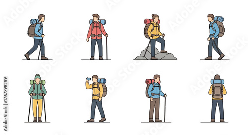 Set of diverse hikers with backpacks and trekking poles.