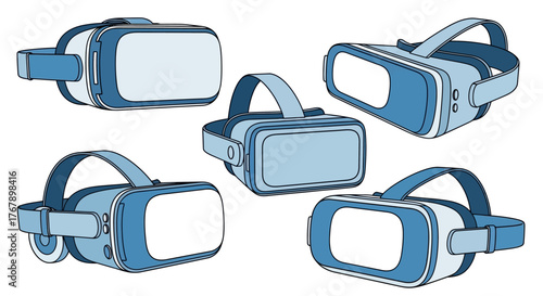 Set of Four Virtual Reality Headsets in Blue.
