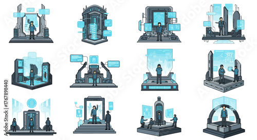 Set of futuristic technology and science icons.
