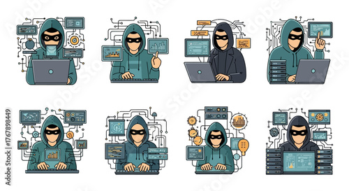 Set of hacker characters using computers and technology.