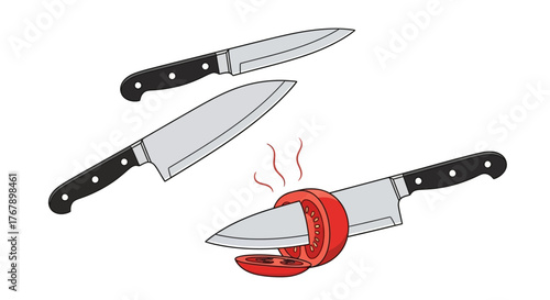 Set of kitchen knives with black handles and sharp blades.