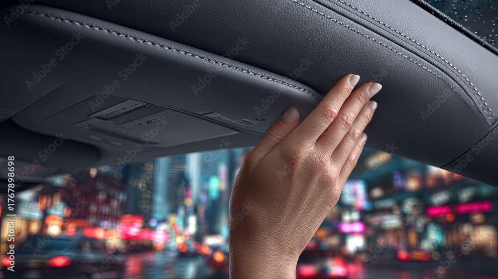 Obraz premium Hand Adjusting Car Sunroof At Night In City