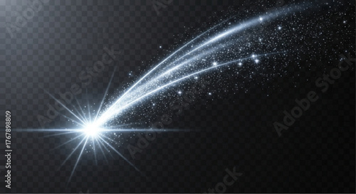 An eye-catching image features a bright, radiant starburst, complemented by a flowing trail of light and sparkling particles, against a dark backdrop. vector illustration