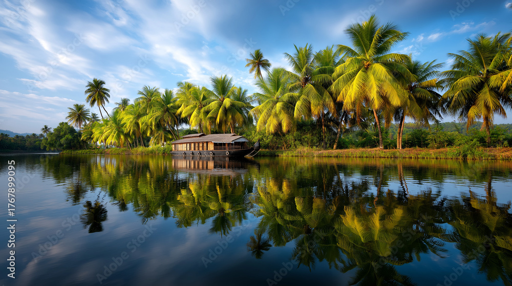 Obraz premium Backwaters houseboat drifting past coconut palms, golden reflection, India, Kerala backwaters, houseboat, lagoon, travel, slow life, tropical, landscape, with copy space