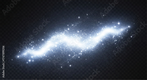 An ethereal, glowing wave of cosmic energy flows gracefully across a dark expanse. Its luminous trail sparkles with countless points of light, symbolizing power, innovation. vector illustration