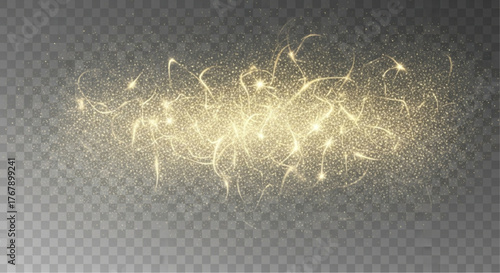 A radiant display of shimmering golden particles dances across a transparent backdrop, creating a captivating visual effect. vector illustration