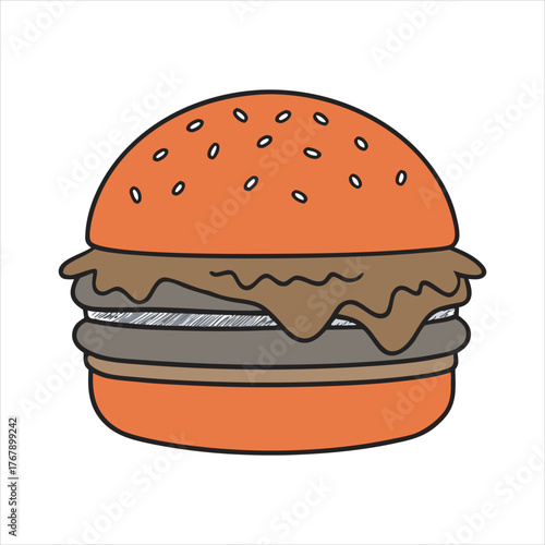 Delicious double cheeseburger icon with sesame seed bun and meaty patties isolated on white background